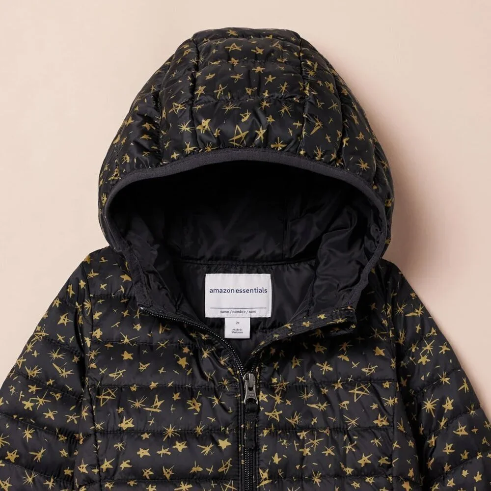 🆕Girls Black Stars Lightweight Water Resistant Hooded Puffer Jacket Winter Coat